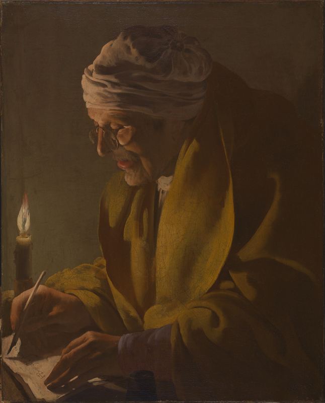 An elderly scholar writing by candlelight